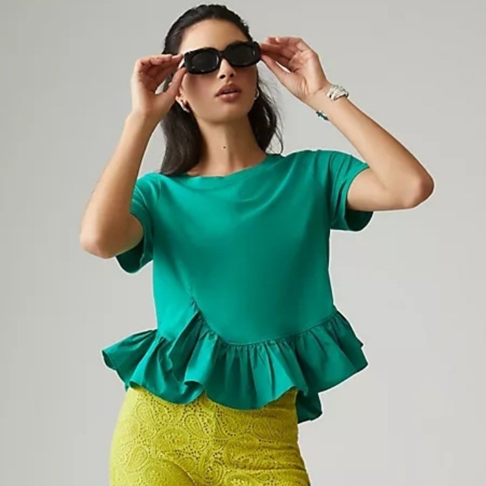 Maeve Anthropologie Green Asymmetric Ruffle Hem Peplum Top‎ XXS